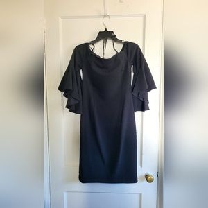 Off the shoulders flared sleeved Calvin Klein black midi dress, size 6